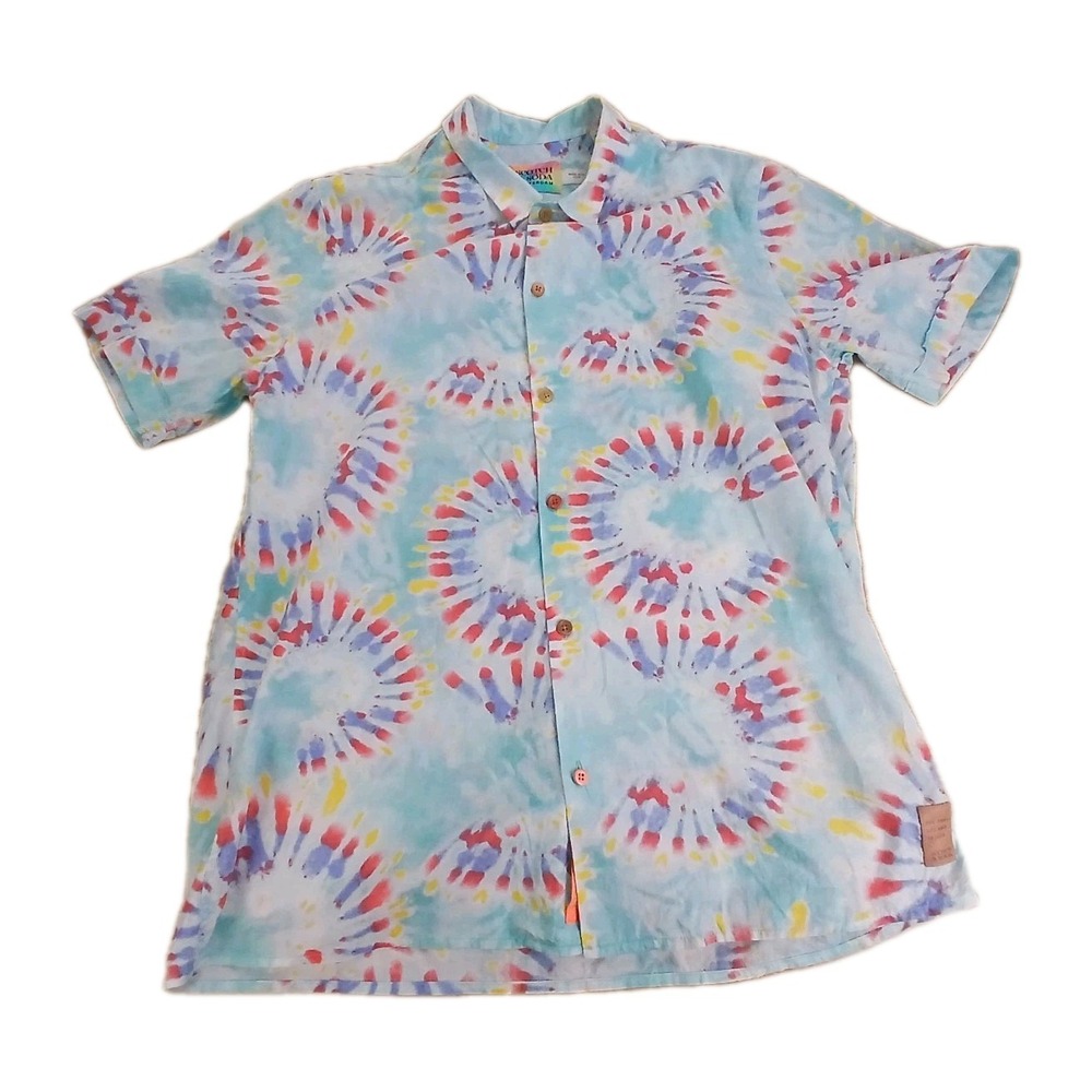 Scotch & Soda Shirt Mens Large Short Sleeve Blue Tie Dye Button Up Festival